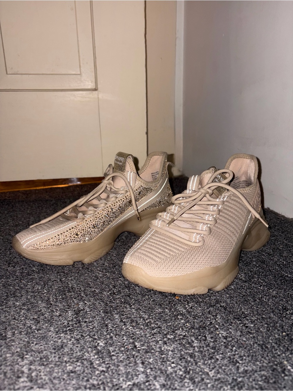 Steve Madden SM NY90 Tan Knit Sneakers with Rhinestone Embellishments